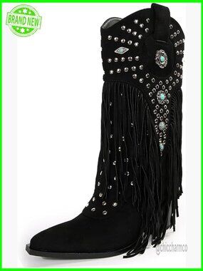 Wide Calf Cowboy Boots with Combat Studs Fringe Faux Suede Cowgirl Boots
